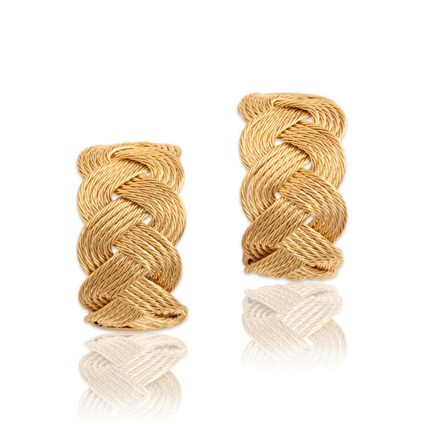 Vintage 14k Yellow Gold Braided Cable Half-Hoop Earrings - Close-up view