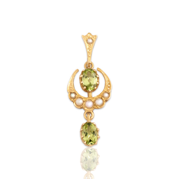 Vintage English 9k Yellow Gold .76cttw Peridot Pearl Wonderful Crescent Duo Dangle Pendant - Close-up view