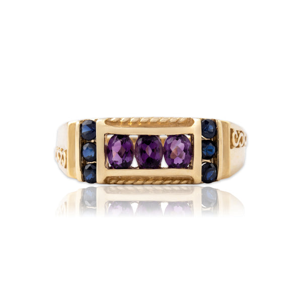 Vintage 14k Yellow Gold Amethyst Blue Sapphire Bold Openwork Channel Ring 8.00
