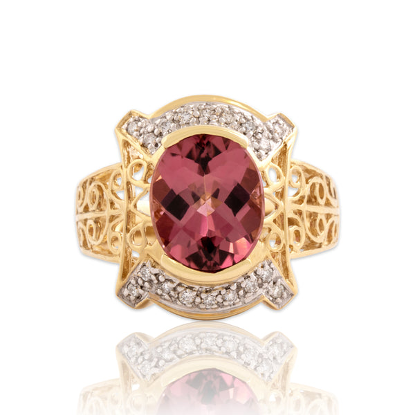 Vintage 14k Yellow Gold 3.45ct Pink Tourmaline Diamond Cocktail Ring - Close-up view