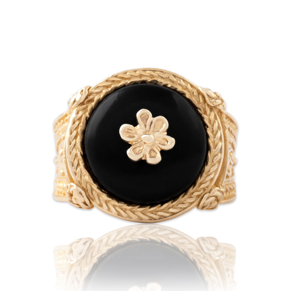 Vintage 14k Yellow Gold Onyx Bold Decorated Floral Ring 7.50