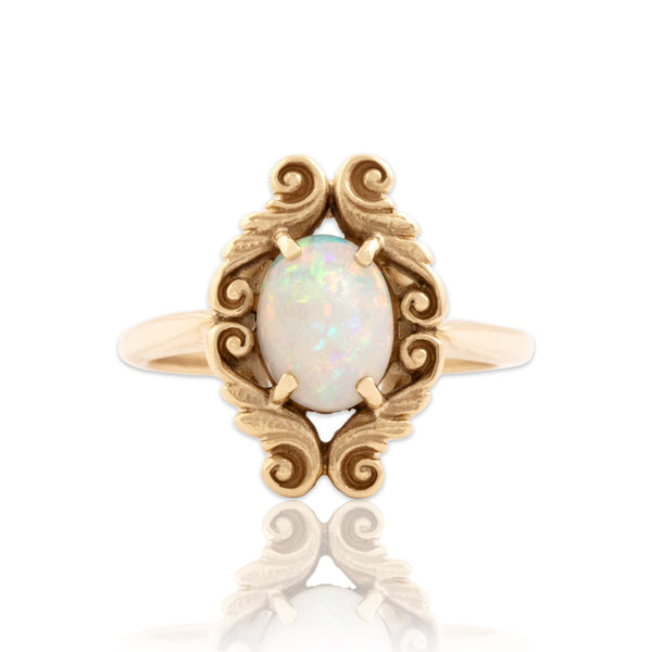 Vintage 14k Yellow Gold 1.0ct Opal Ornate Framed Cabochon Ring - Close-up view