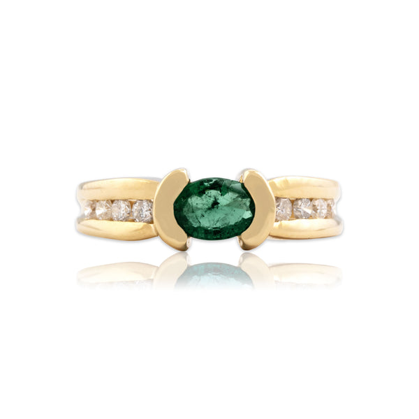 Vintage 14k Yellow Gold Emerald Diamond Shimmering East-West Ring 7.50