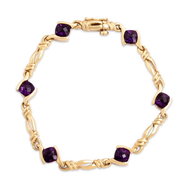Vintage 14k Yellow Gold 5.71cttw Amethyst Bypass Cushion Station Bracelet - Close-up view