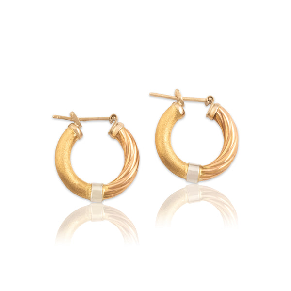 Vintage Italian Small 18k Tricolor Gold Dual-Textured Hoop Earrings
