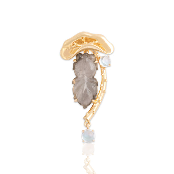 Estate 18k Yellow Gold Moonstone Gray Jade Whimsical Tadpole & Lilypad Pendant