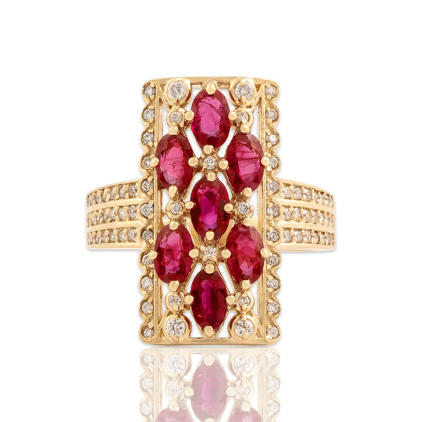 Vintage 14k Yellow Gold 1.26cttw Ruby Diamond Dazzling Scalloped Bar Ring 7.25