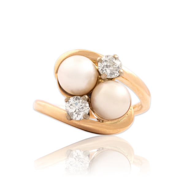Vintage 18k Rosy Yellow Gold Pearl Old Mine Cut Diamond Glowing Bypass Ring 5.25