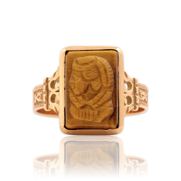 Vintage 14k Rose Gold 1.34ct Tiger's Eye Serene Decorated Cameo Ring 9.50