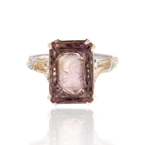 Antique 18k White & Yellow Gold 4.22ct Amethyst Soldier Intaglio Ring 5.25