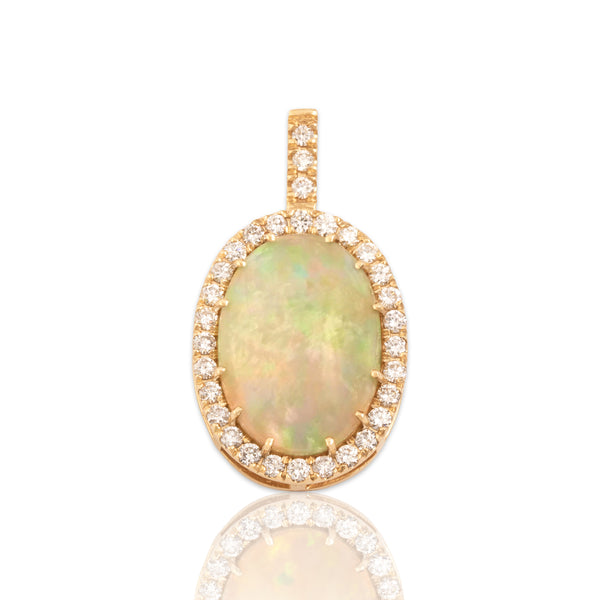 Vintage 14k Yellow Gold 8.74ct Opal .91cttw Diamond Fantastic Iridescent Cabochon Halo Statement Pendant - Close-up view