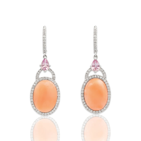 Vintage 18k White Gold .89cttw Pink Sapphire Diamond Angel Skin Coral Dazzling Pavé Halo Dangle Earrings - Close-up view