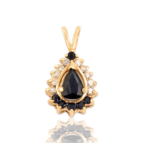 Vintage 14k Yellow Gold .62cttw Blue Sapphire Diamond Alternating Celestial Pear Halo Pendant - Close-up view