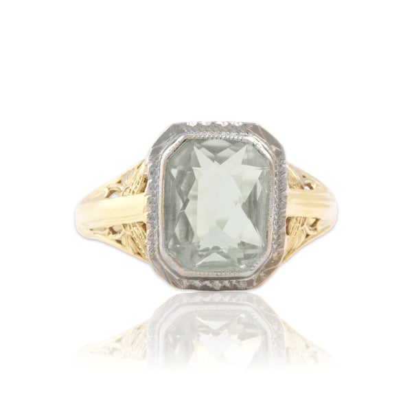 Antique Art Deco 14k Yellow & White Gold 1.21ct Aquamarine Openwork Ring - Close-up view