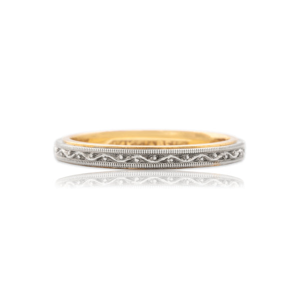 Vintage 14k Yellow & White Gold Elegant Milgrain Scroll Eternity Band Ring - Close-up view