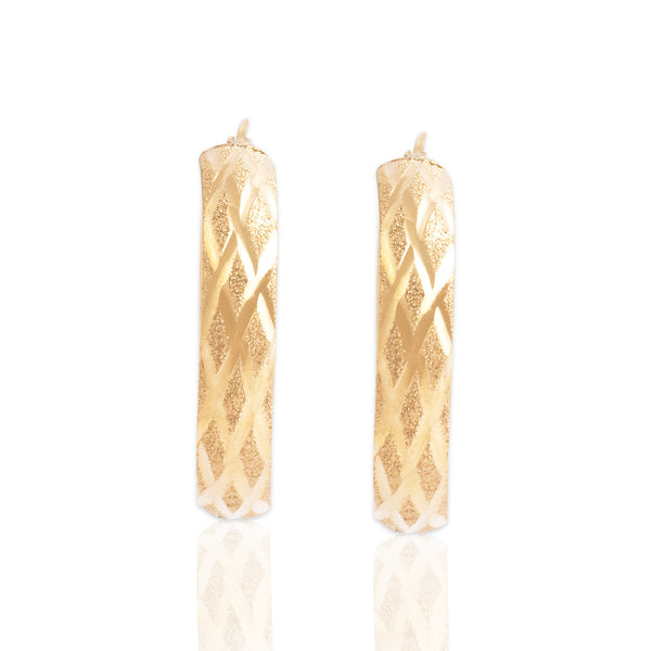 Vintage 14k Yellow Gold Incised Textured Harlequin Pattern Hoop Earrings