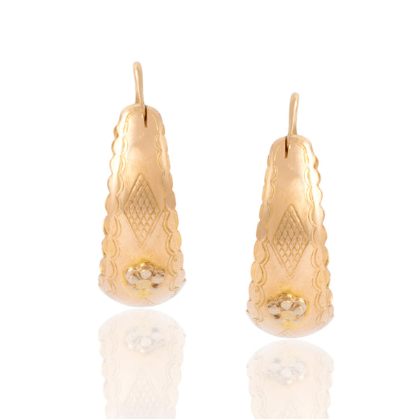 Vintage Lightweight 18k Rosy Yellow Gold Floral Decorated Hoop Earrings