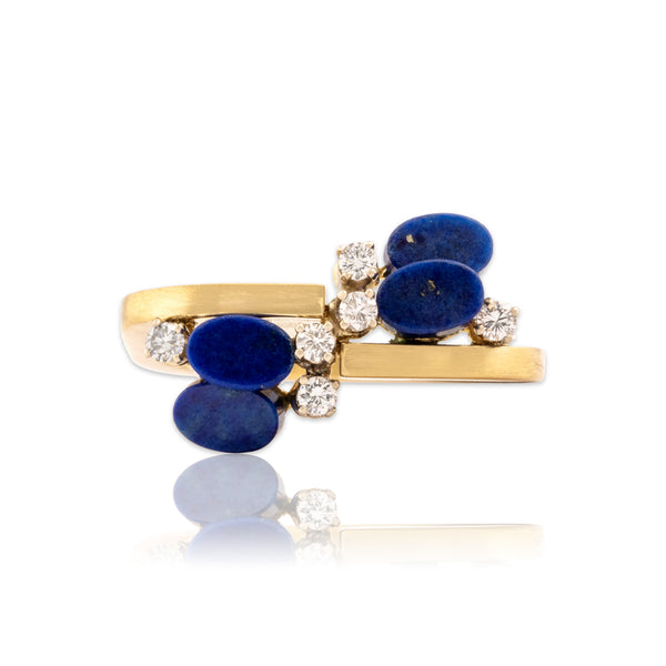 Vintage 18k Yellow Gold 1.59cttw Lapis Lazuli Diamond Unique Geometric Brushed Step Ring - Close-up view