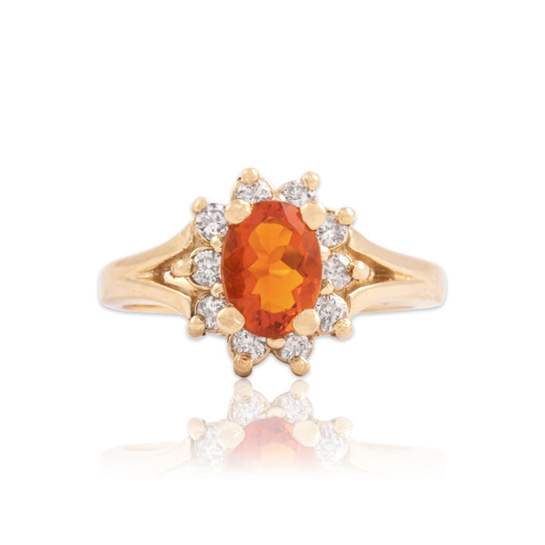 Vintage 14k Yellow Gold .8ct Fire Opal Diamond Vibrant Floriform Ring 7.75
