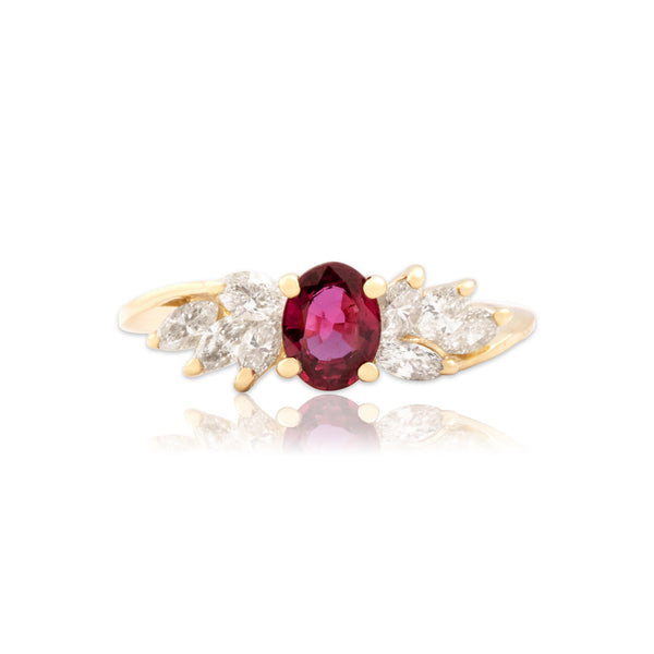 Vintage 14k Yellow Gold .63ct Ruby Diamond Sparkling Marquise Shoulder Ring 6.75