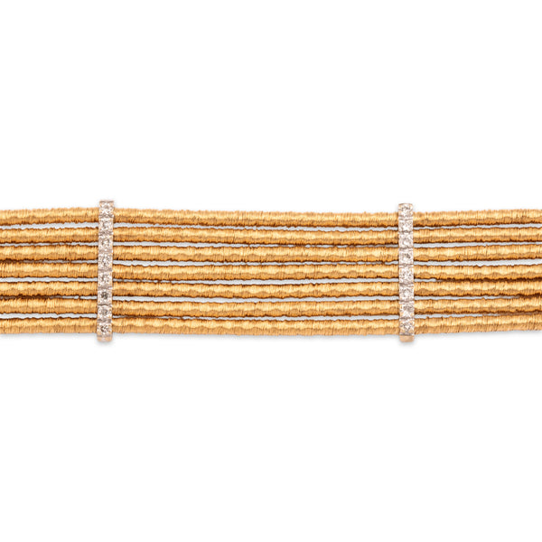 Vintage Substantial 18k Yellow & White Gold Diamond Glamorous Wrapped Wire Station Bracelet - Close-up view