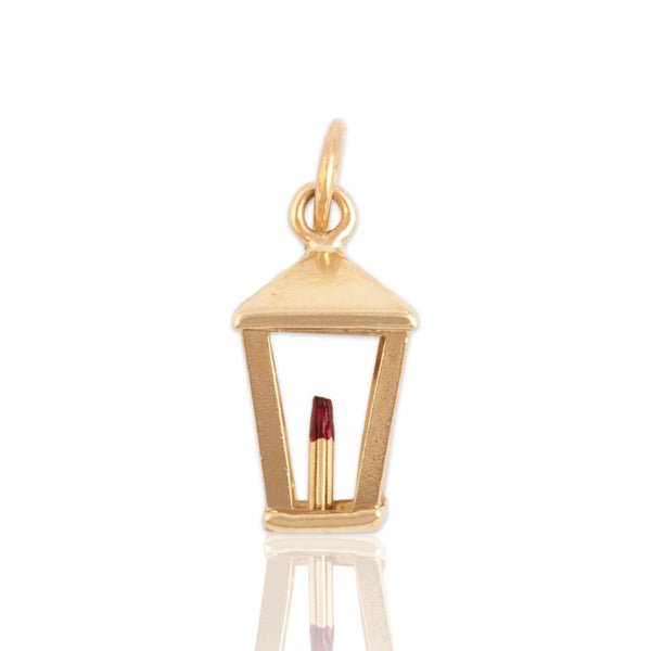 Vintage 14k Yellow Gold Red Enamel Candle Lantern Charm / Pendant - Close-up view