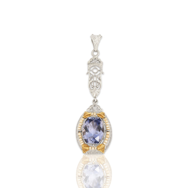 Antique 14k White & Yellow Gold 3.49ct Purple Synthetic Sapphire Seed Pearl Pendant