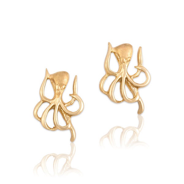 Vintage 14k Yellow Gold Remarkable Bright Octopus Stud Earrings - Close-up view