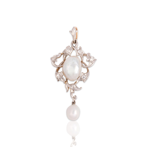 Antique Edwardian 14k Yellow Gold & Platinum Old Mine Cut Diamond Baroque Pearl Leafy Lavalier-Style Drop Pendant - Close-up view