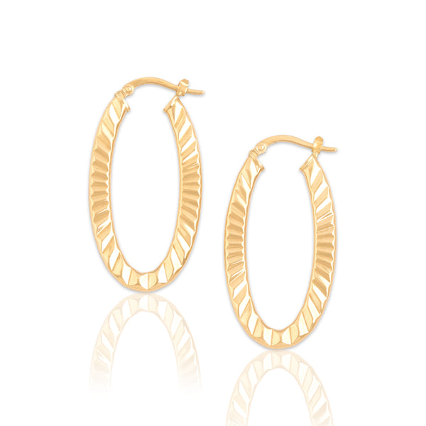 Vintage Italian 14k Yellow Gold Shiny Ridged Elongated Hoop Earrings - Close-up view