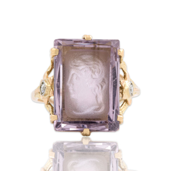 Antique 14k Yellow Gold 10.24ct Amethyst Diamond Carved Intaglio Ring 9.75