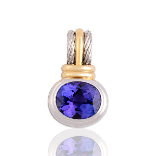 Vintage Heavy 18k White & Yellow Gold 6.98ct Tanzanite Cabled East-West Solitaire Enhancer Pendant - Close-up view
