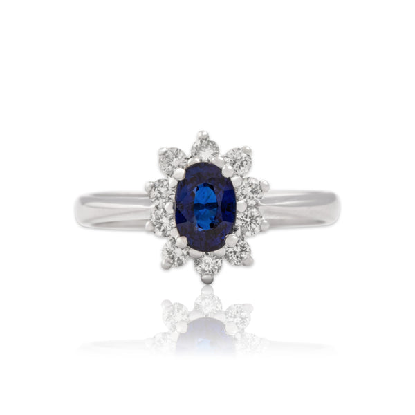 Vintage 18k White Gold .77ct Blue Sapphire Diamond Classic Halo Ring 7.00