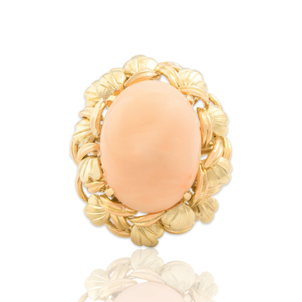 Vintage 14k Yellow Gold Angel Skin Coral Oversized Leafy Halo Cocktail Ring - Close-up view