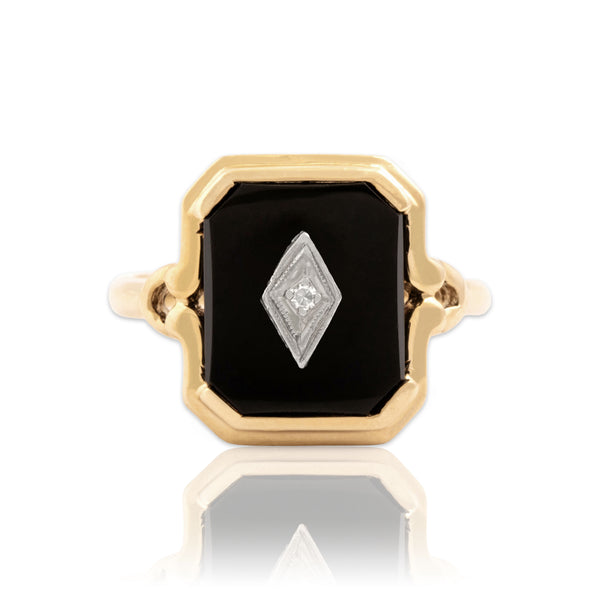 Vintage 10k Yellow & White Gold 1.85ct Onyx Diamond Clutch Bezel Ring 6.25