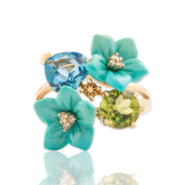 Vintage 14k Yellow Gold Multi-Stone Colorful Multi-Cut Bouquet Ring 7.00