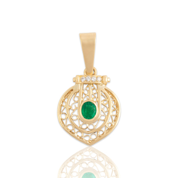 Vintage 18k Yellow Gold Emerald Diamond Openwork Bezel Dangle Pendant