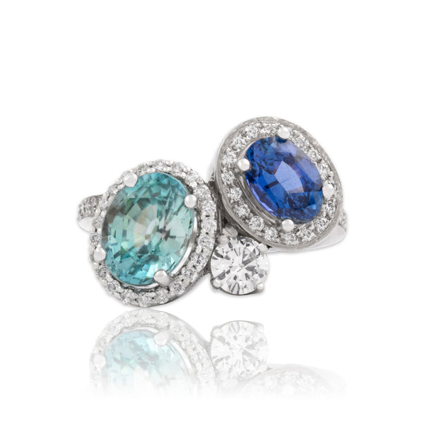 Vintage 14k White Gold 2.97ct Blue Zircon 1.2ct Blue Sapphire .71cttw Diamond Ring 6.00