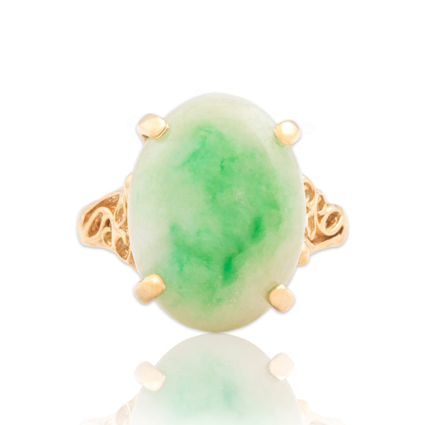 Vintage 14k Yellow Gold 9.04ct Jade Openwork Filigree Cocktail Ring 5.75
