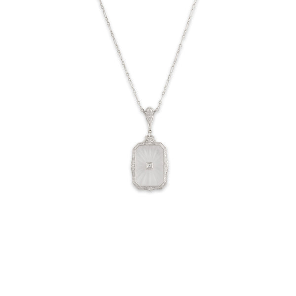 Antique Art Deco 14k White Gold Camphor Glass Diamond Ornate Framed Necklace 16.5"