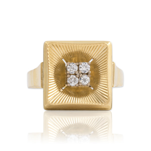 Vintage 14k Yellow Gold Diamond Glistening Squared Frame Ring - Close-up view