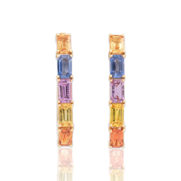 Vintage 14k Yellow Gold 3.06cttw Multi-Color Sapphire Geometric Hoop Earrings