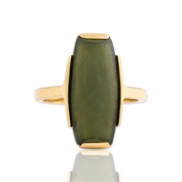 Vintage 9k Yellow Gold 3.4ct Olive Green Jade Elongated Modern Clutch Ring 5.75