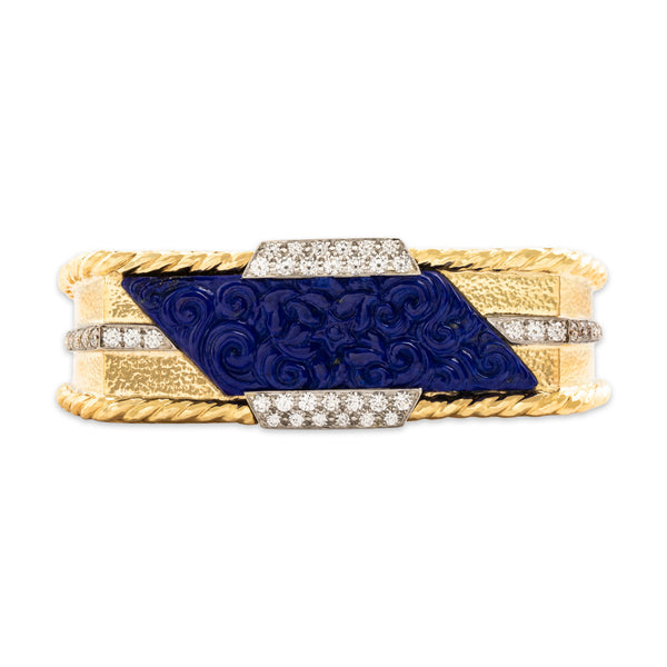 Estate Heavy 18k Yellow Gold & Platinum Lapis Lazuli 2.59cttw Diamond Incredible Hammered Carved Detail Cuff Bracelet - detail view #1