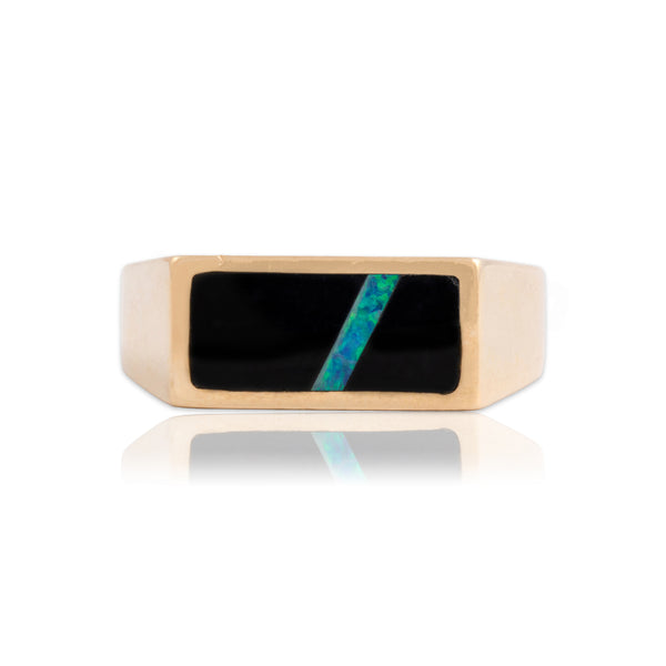 Vintage 14k Yellow Gold Blue Opal Doublet Onyx Modernist Inlay Signet Ring 10.00