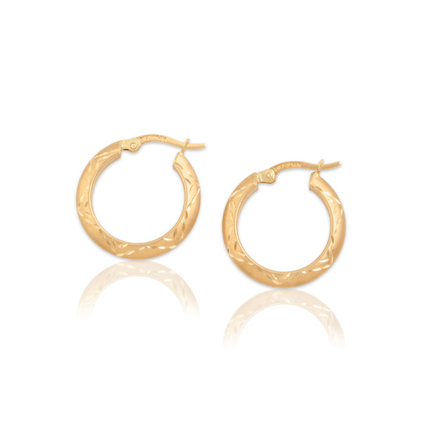 Vintage Small 14k Yellow Gold Dual Finish Diamond Cut Hoop Earrings - Close-up view