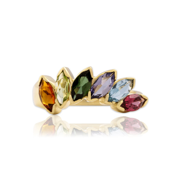 Vintage 14k Yellow Gold Multi-Stone Arched Rainbow Marquise Ring 7.00