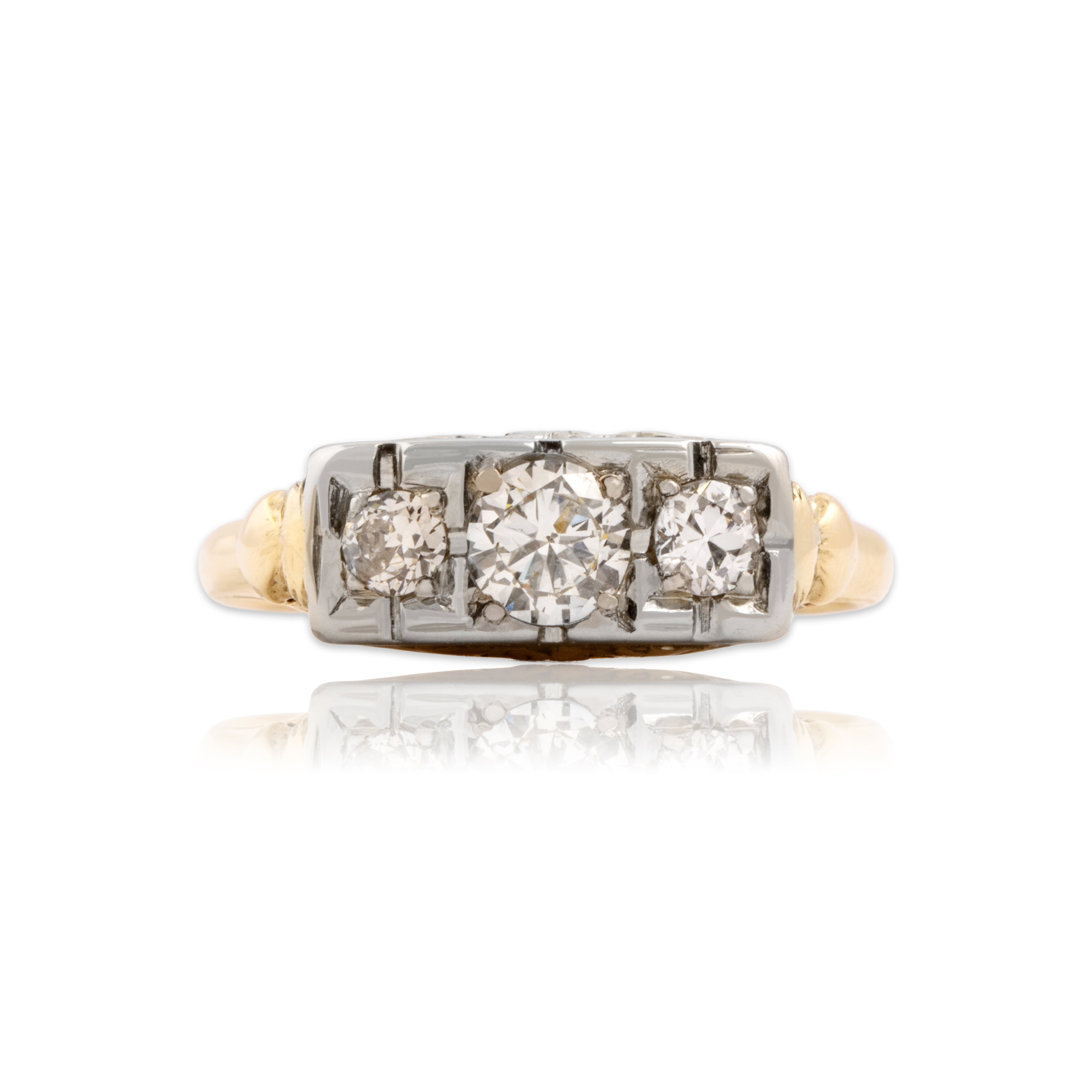 Antique 14k Yellow & White Gold Old European Cut Diamond Decorated Delicate Trio Ring - Close-up view