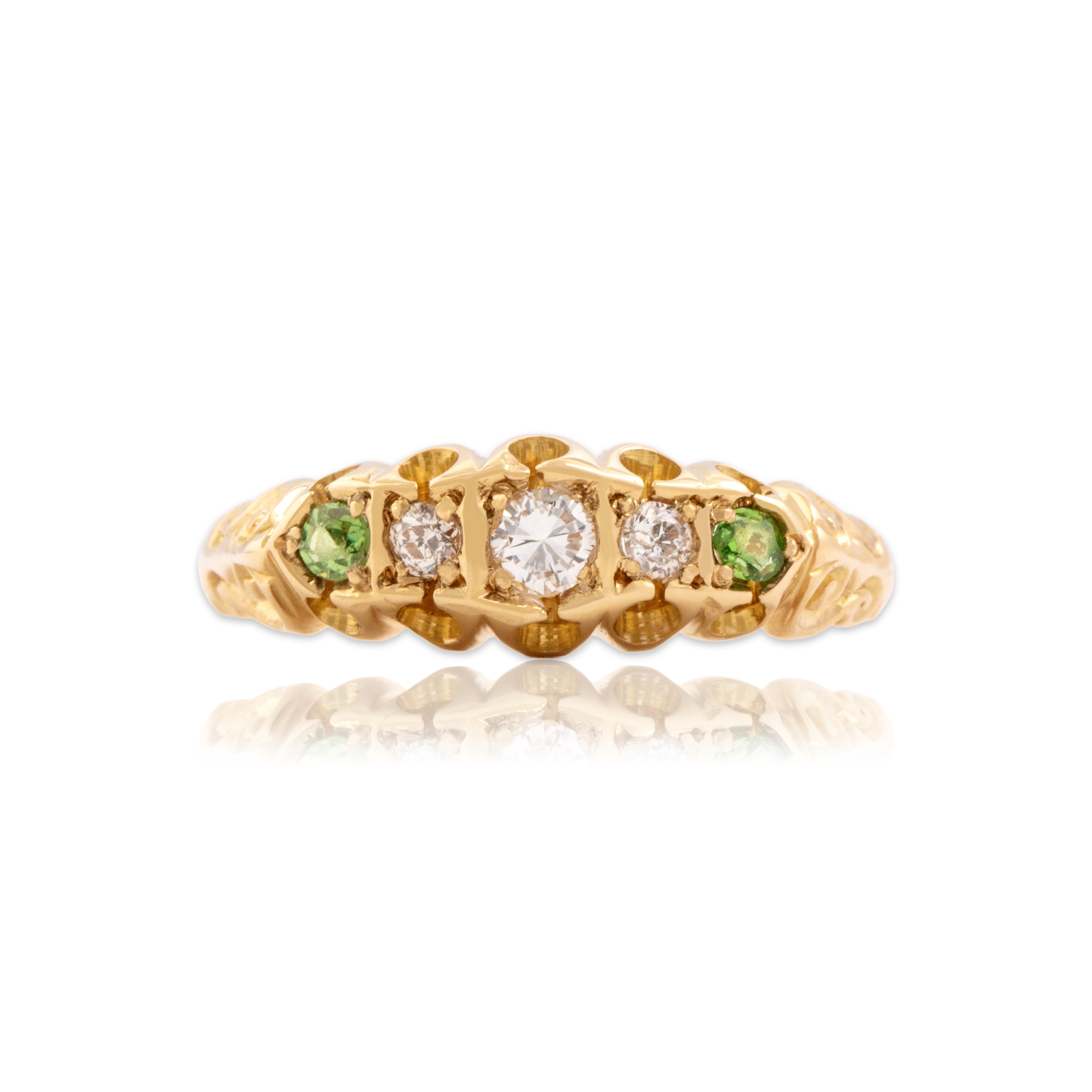 Antique 14k Yellow Gold Old Mine Cut Diamond Green Garnet Bright Ruffled Line Ring - Close-up view