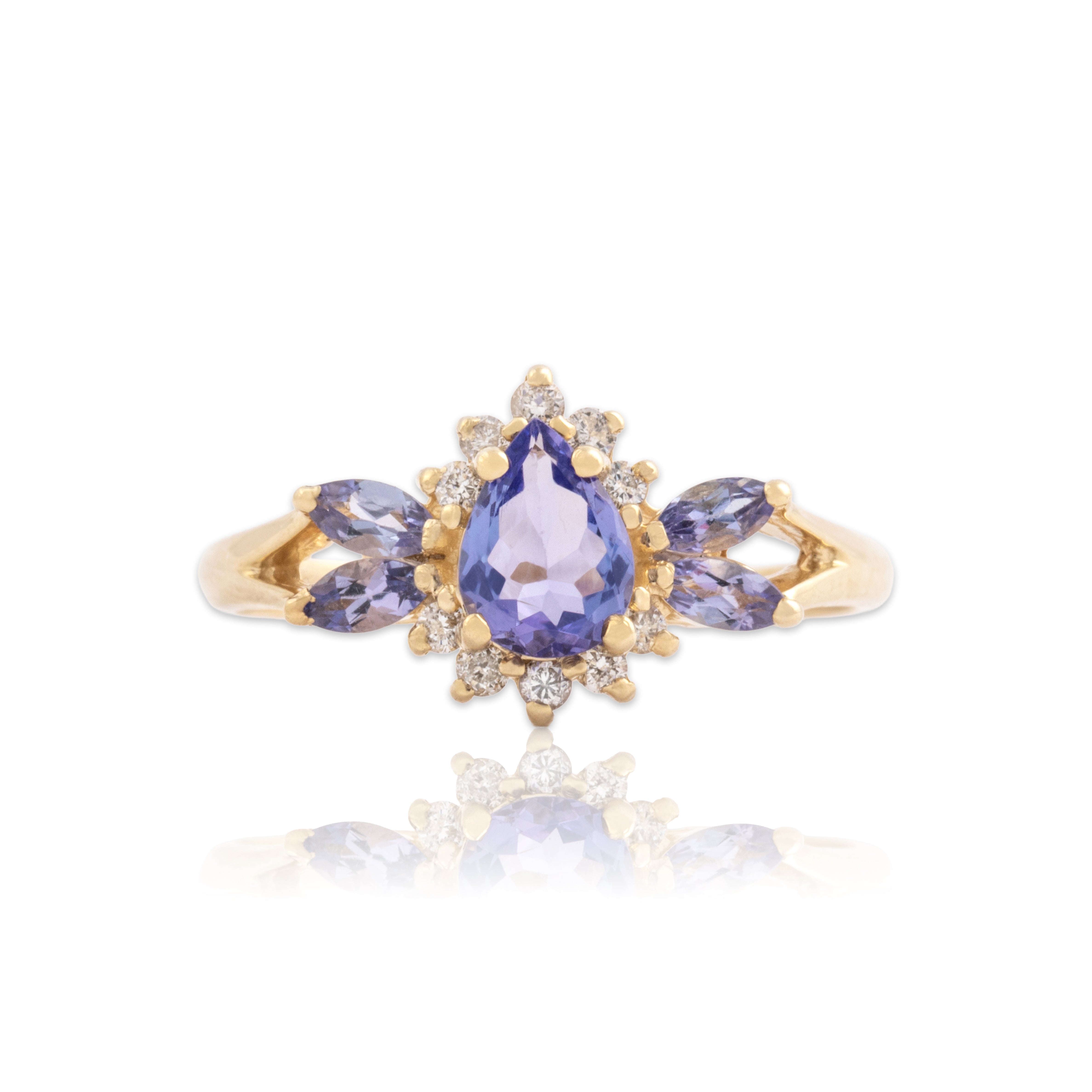 Vintage 14k Yellow Gold .74cttw Tanzanite Diamond Burst Accented Pear Ring - Close-up view